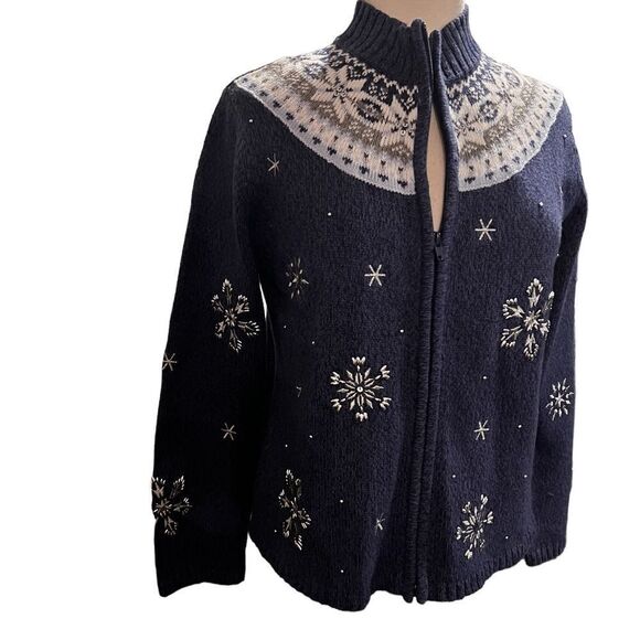 VTG Cardigan Blue&White Snowflakes Beads/Sequins size S - Picture 6 of 11